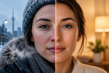 Canadian woman with dry winter skin transitioning to healthy glowing skin indoors, highlighting winter skincare and barrier repair