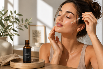 Hyaluronic acid serum bottle on a tray beside a woman applying serum to her face in a bright, minimalist spa setting with soft natural light.