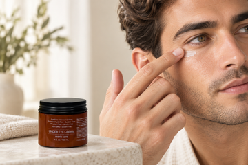 Man applying eye cream formulated for thicker, oilier men's skin