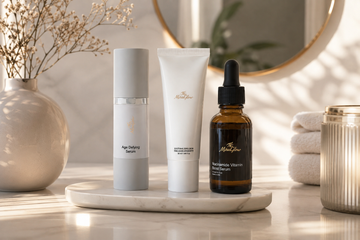 MiraGlow fall skincare routine with Age Defying Serum, Soothing Emulsion and Niacinamide Vitamin Boost Serum