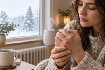 Dry indoor air causing dry winter skin and cracked hands near a home radiator